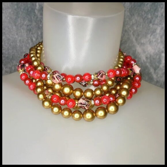 Red Vintage Multi Strand Necklace, Rhinestone Rondelles, Beaded Multistrand - Picture 6 of 14